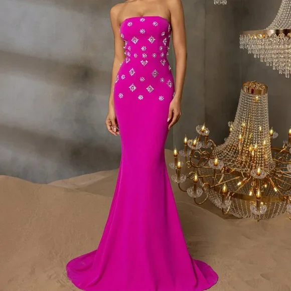Hot Pink Elegant Women's Formal Maxi Dress with Strapless Sweetheart  Neckline